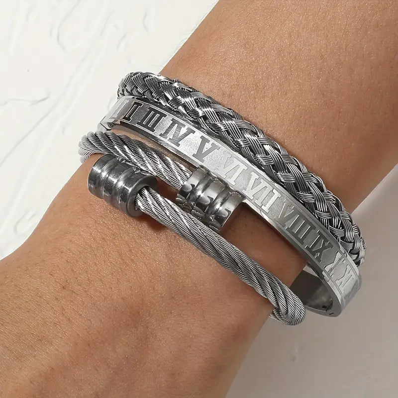 Ensemble de 3 Bracelets Torsadés à Chiffres Romains